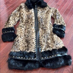 NWT Marciano real rabbit fur coat leather stud trim leopard cheetah jacket Small